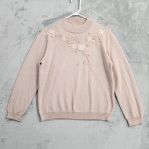 Vintage Alfred Dunner Sweater Womens PL PETITE Pink Metallic Embroidered Pearls